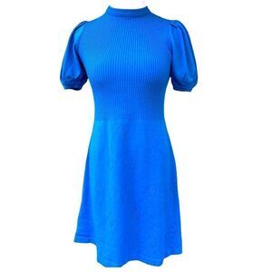 Vintage 60’s mixed knit fit and flare poof sleeve sweater dress blue small